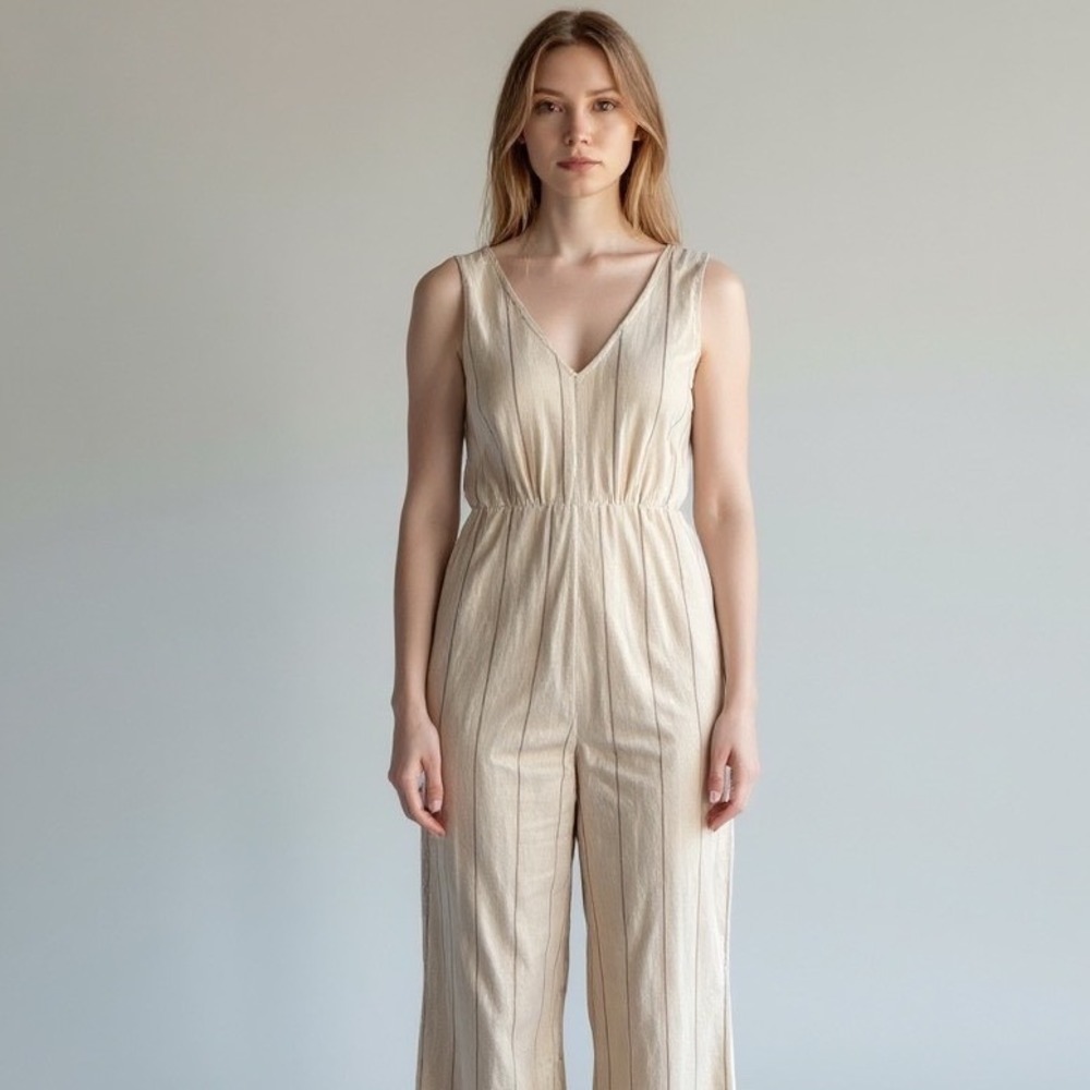 Coastal Minimalist Jumpsuit World Market S/M Cream Striped Cotton Blend